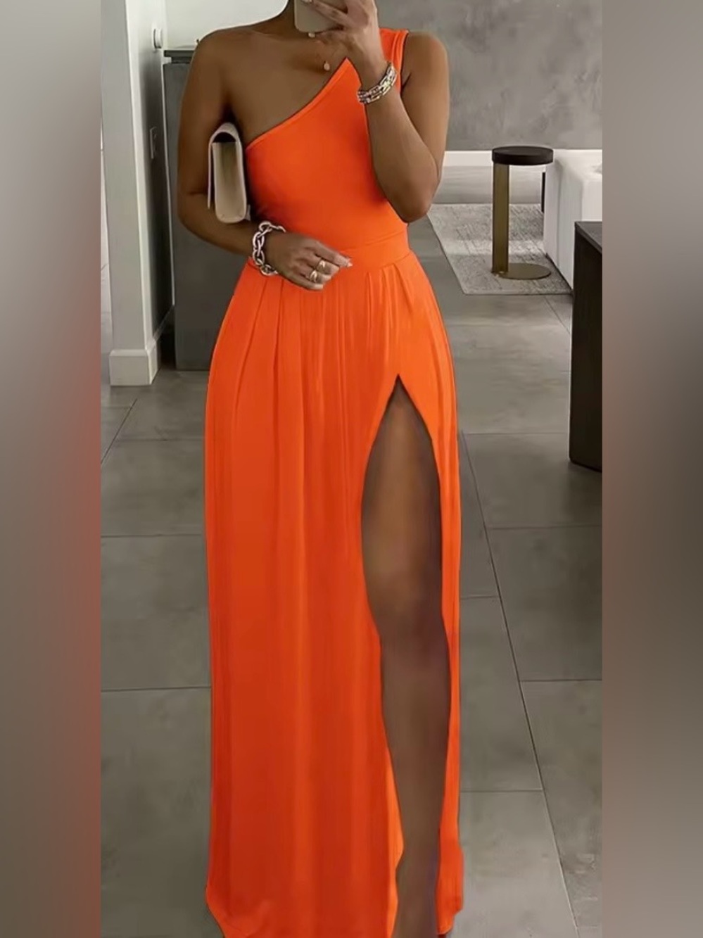 NWOT Aibo Carla Orange One Shoulder High Slit Maxi Dress XL